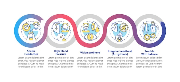 Bluthochdruck Zeichen Vektor Infografik Vorlage. Vision gibt Präsentationsentwurfselemente aus. Datenvisualisierung mit 5 Schritten. Info-Diagramm zur Prozesszeitachse. Workflow-Layout mit Liniensymbolen