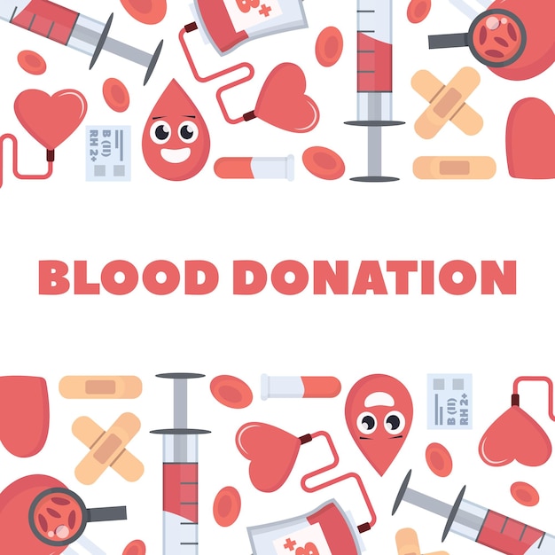 Blutspende Hintergrund Gesundheit Blutspendertag Konzept Freiwilliger Krankenhaus Transfusion Labor Cartoon minimalistische Gegenstände Set Vektor Cartoon Objekte flaches horizontales Banner