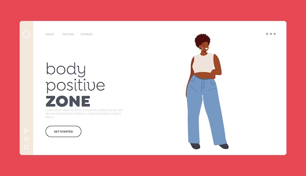 Body positive landing page template fröhliches afroamerikanisches kurviges mädchen plus size frau in jeans und slinky top