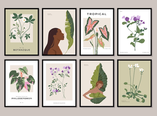 Böhmische sammlung von frauenporträts und botanischen illustrationen für die wandkunstgalerie