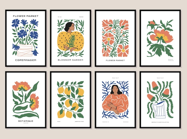 Böhmische sammlung von frauenporträts und botanischen illustrationen für ihre wandkunstgalerie