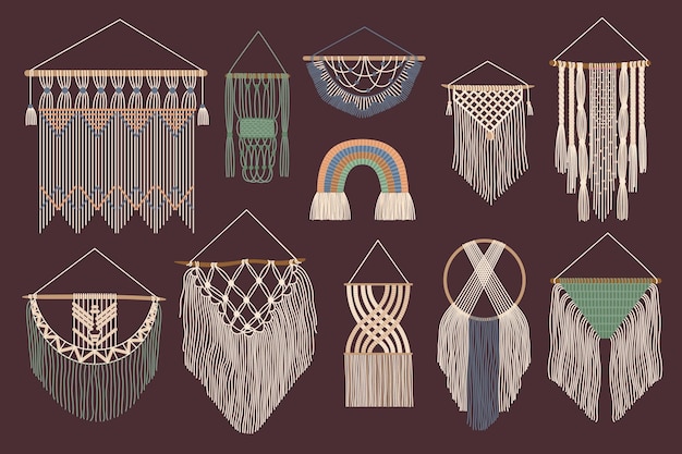 Böhmische wandbehänge handgefertigte makramee, gemütliche wohnkultur, gestrickte baumwollgarn-zopfschnur und dekorative hygge-accessoires, handgezeichnetes vektorset