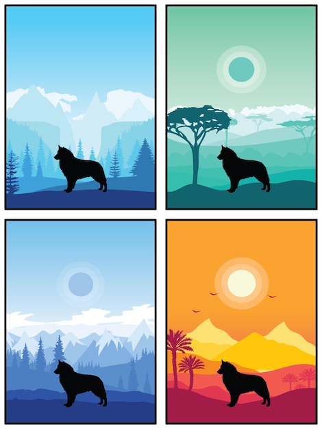 Böhmischer Schäferhund, Hunderasse, Silhouette, Sonnenuntergang, Wald, Natur, Hintergrund, 4 Poster, Aufkleber, Karten