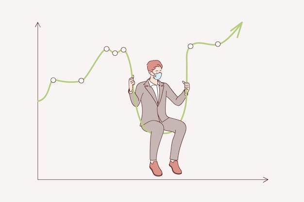 Börsencrash während des coronavirus-konzepts. geschäftsmann, der medizinische gesichtsmaske trägt, die auf grafik als schaukel sitzt
