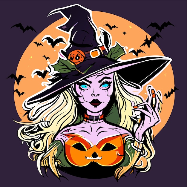 Böse hexe sensenmann halloween handgezeichnete cartoon-aufkleber-symbol-konzept isolierte illustration