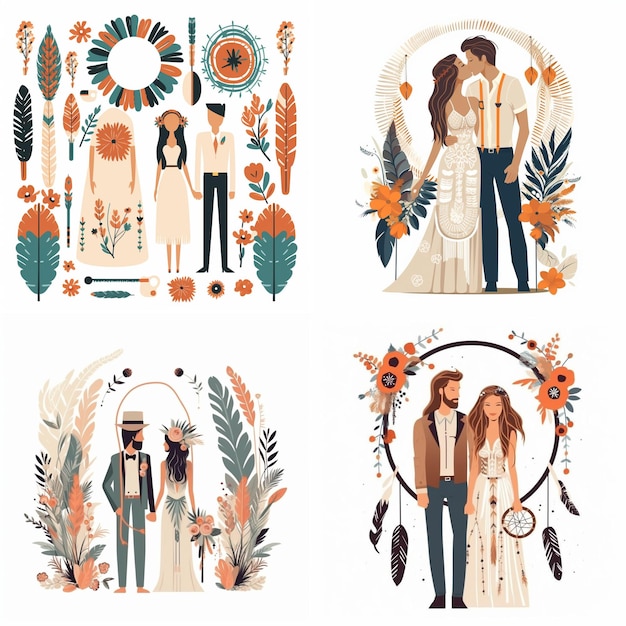 Vektor bohemian vector contemporary hochzeit auf weißem hintergrund