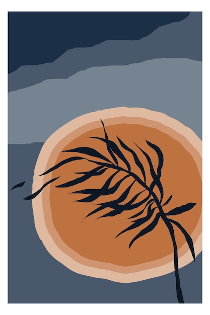 Boho abstraktes minimalistisches poster mit blättern und zweigen baum sonnenaufgang und sonnenuntergang pflanzenblatt