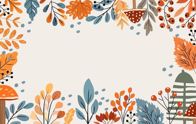 Boho-banner mit elementen herbstlich gefärbter baum, herbstblätter, pilze und waldbeeren