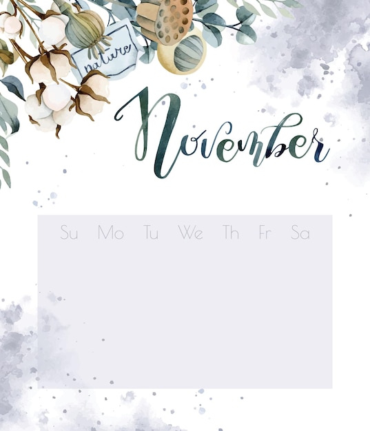 Vektor boho-blumen-blumenstrauß-aquarell-kalender. schriftzug november auf aquarellspritzern