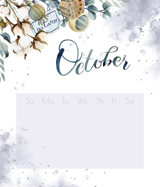 Vektor boho-blumen-blumenstrauß-aquarell-kalender. schriftzug oktober auf aquarellspritzern