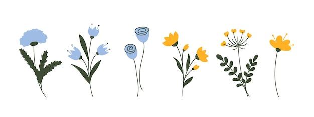 Boho Blumen-Set blaue und gelbe Blumen-Sammlung Blumenkunst Vektor-Design-Elementen