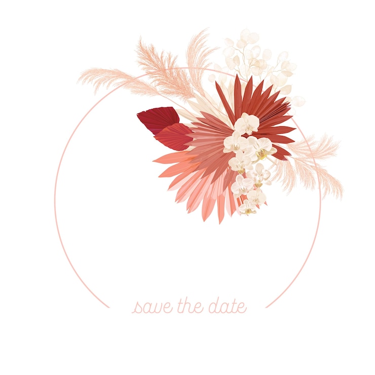 Vektor boho blumenhochzeitsvektorrahmen. aquarellpampasgras, orchideenblüten, trockene palmblätter-grenzschablone für hochzeitszeremonie, minimale einladungskarte, dekoratives sommerbanner