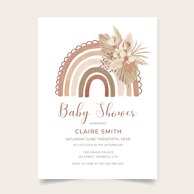 Boho-Einladungsvorlage für eine Baby-Shower mit getrockneten Pampas-Palmenblättern und Blumen Regenbogen-Baby-Shower