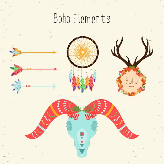 Boho Elemente. Vector ethnischen Satz mit Pfeilen und Schafe Schädel, florale Friedensmuster, Hirschgeweih und Traumfänger