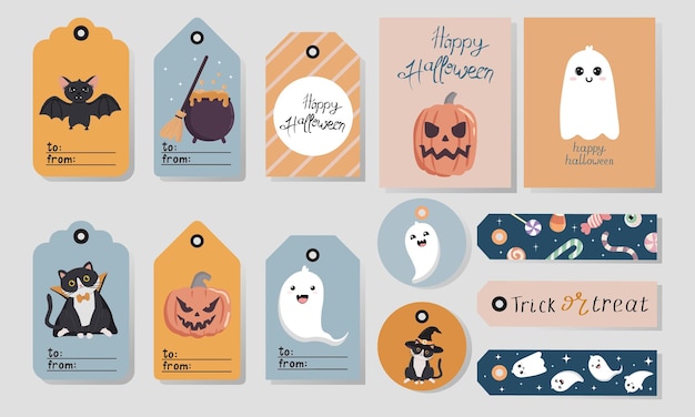 Boho-halloween-geschenkanhänger und grußkarten mit niedlichen charakteren. grußkarten-illustrationsdesign für halloween in pastellfarben