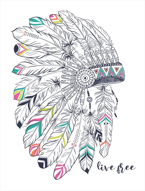 Boho illustration mit kopfschmuck aus federn