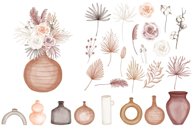 Vektor boho isolierte aquarell rose blume mit vase clipart