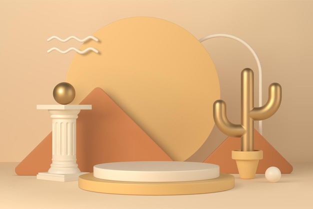 Boho minimale Innenszene mit Podium und geometrischen Formen 3D-Vektor-Illustration. Bühnenpodest mit Säule und goldenem Kaktus im Hintergrund für kosmetische Produkte und Mock-up-Präsentation.