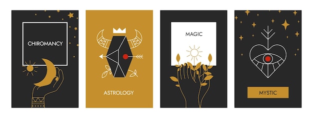 Boho-poster astrologie magische banner dekorative kontursymbole mit floralen und kosmischen elementen mystische umrisshände oder tierkreiszeichen mystery-karten mit schriftzug-vektor-set