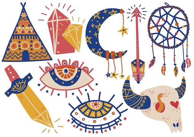 Boho-Stil Symbole Set Indisches Zelt Büffel Schädel Traumfänger Auge Pfeil Dolch Vektor Illustration auf weißem Hintergrund