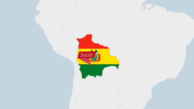Bolivien-Karte hervorgehoben in den Farben der bolivianischen Flagge und Pin der Landeshauptstadt Sucre