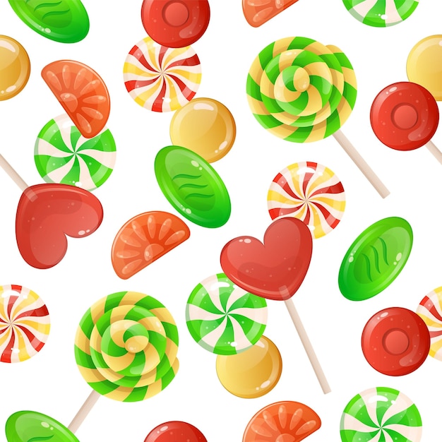 Bonbonmuster cartoon nahtlose dekorative textur mit süßem karamelllutscher und gummigelee leckeres toffee und schokoladenbonbons hintergrund für zuckerhaltige desserts vektor-süßwaren-druckmodell