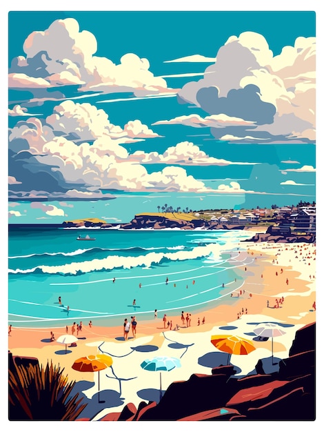 Vektor bondi beach australien vintage reiseposter souvenir postkarten porträtmalerei wpa illustration
