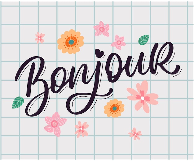 Bonjour, paris, satz, vektor, schriftzug, kalligraphie, pinsel, tafel