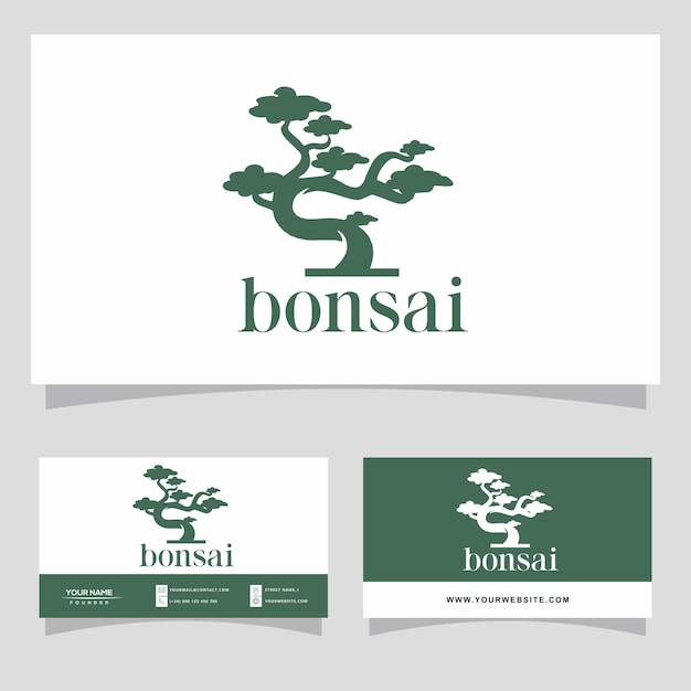 Vektor bonsai-pflanzenbaum-logo-symbol und visitenkarten-design-vorlage, flacher vektor