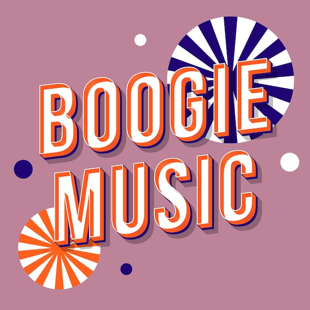 Boogie-musik vintage 3d-vektor-schriftzug. fette retro-schriftart, schriftart. stilisierter text der pop-art. buchstaben im stil der alten schule. 90er, 80er poster, banner, t-shirt-typografie-design. fliederfarbener hintergrund