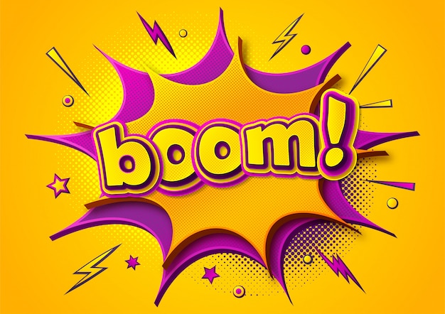 Boom-comic-poster. cartoonish gedankenblasen und soundeffekte. gelb-lila banner im pop-art-stil