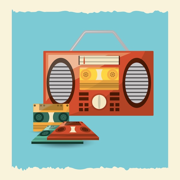 Boombox-Stereo- und Kassettenikone über blauem Hintergrund