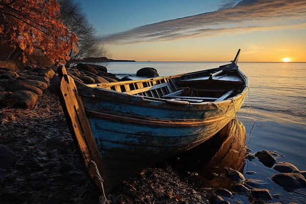 Boot auf dem See in den Strahlen der aufgehenden Sonne und des Nebels Zemborzycki-See