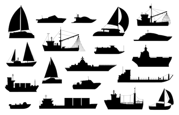 Vektor boote-silhouette. segelboot, lastkahn, fischerei und kreuzfahrtschiff, seeyacht, passagier- und frachtschiffsymbole. nautischer transport-logo-vektor-set. versand von industrie- oder handelsbooten
