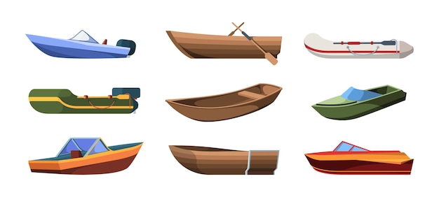 Bootstypen. Hölzerne Schiffe für Ozean- oder Seesegel-Grillvektortransport für flache Illustrationen des Flusses einzeln eingestellt. Meer, Boot für Ozean, Schiff und Yacht für die Reise
