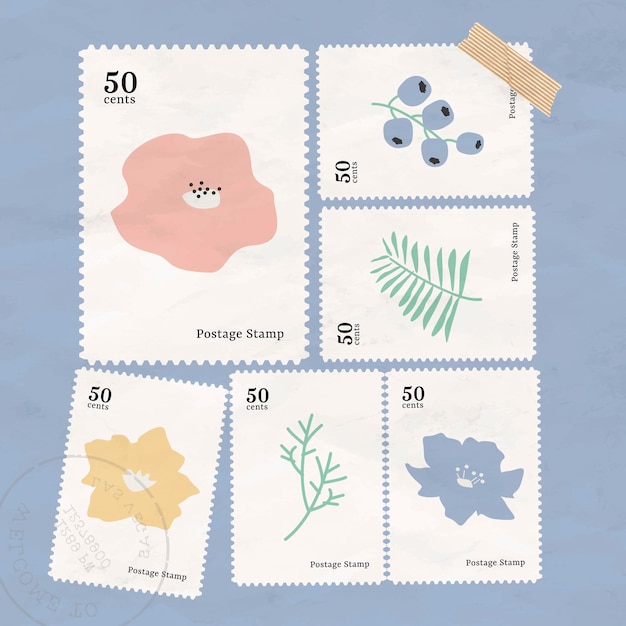 Botanische briefmarkensammlung auf blauem hintergrundvektor