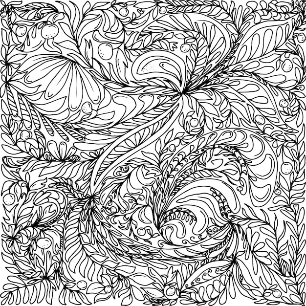 Botanische floristische Skizzenkonturzweige mit Blättern und Beeren mit Punkten Vektorschnörkel-Malbuch