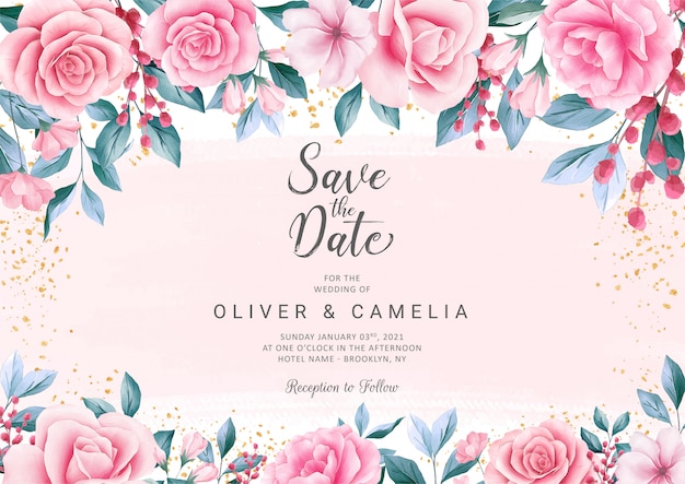 Botanische Hochzeitseinladungs-Kartenschablone mit schöner Aquarellblumendekoration