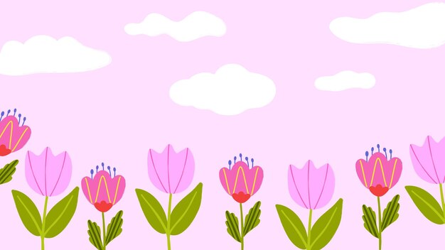 Botanische Zeichnung Kinder Landschaft mit rosa Tulpen Himmel mit flauschigen Wolken
