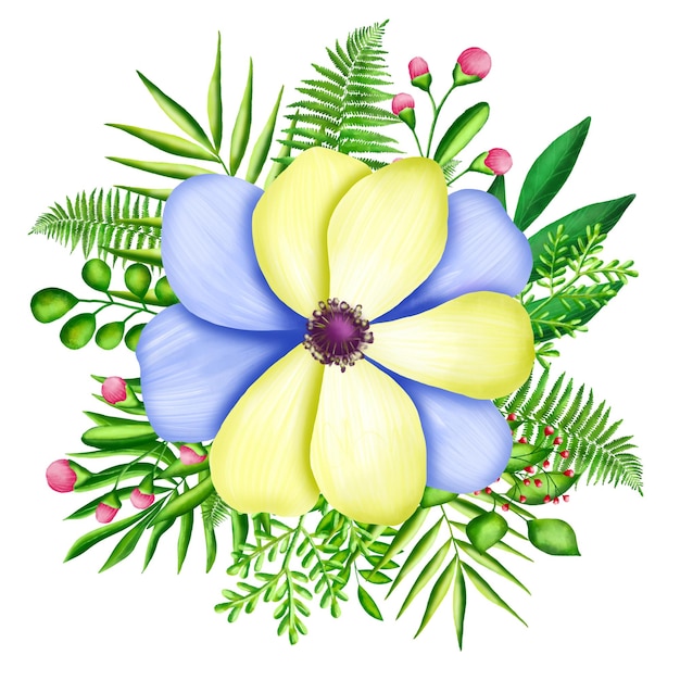 Botanischer Anemonenstrauß mit tropischen Blättern