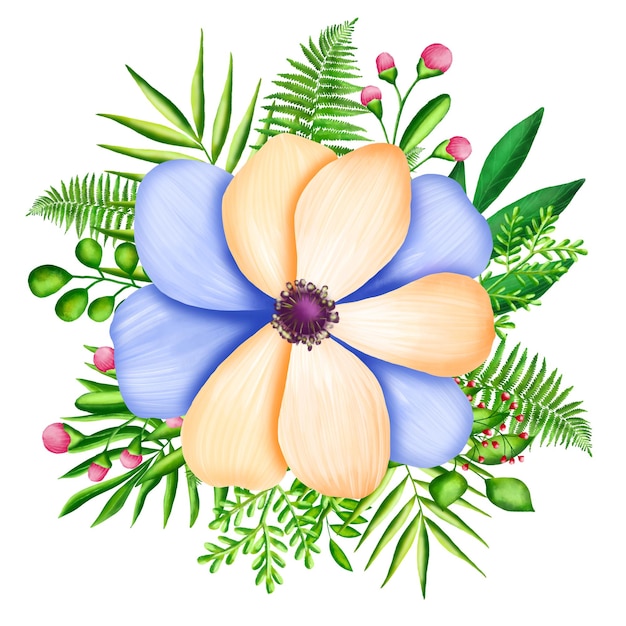 Botanischer Anemonenstrauß mit tropischen Blättern