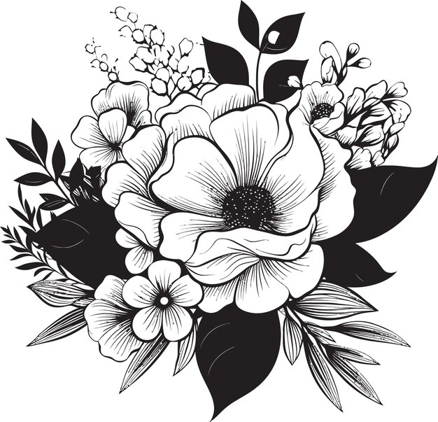 Botanischer charme schwarzer vektor bouquet ikonen klassische blüte ensemble monochromes logo