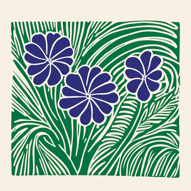 Botanischer Druck der Retro-Linolschnitt-Blumen-Kunst