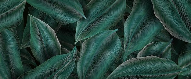 Botanischer Kunst-Hintergrund mit tropischen Blättern in dunkelgrünem und blauem Line-Stil Abstrakte blumige handgezeichnete Illustration für die Verwendung in Tapeten, Design, Textil und Innenarchitektur