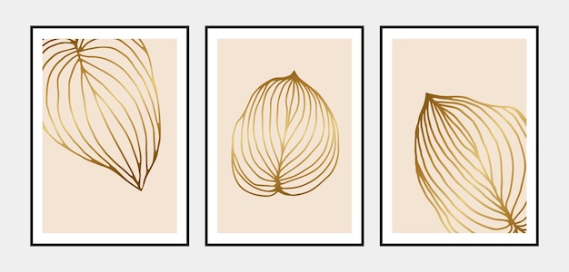 Vektor botanischer wandkunst-vektorsatz goldene laublinie kunstzeichnung abstrakt