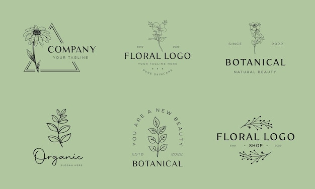 Botanisches Blumenelement Handgezeichnetes Logo mit Wild Flower Leaves Logo für feminin und kosmetisch