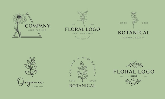 Vektor botanisches blumenelement handgezeichnetes logo mit wild flower leaves logo für feminin und kosmetisch