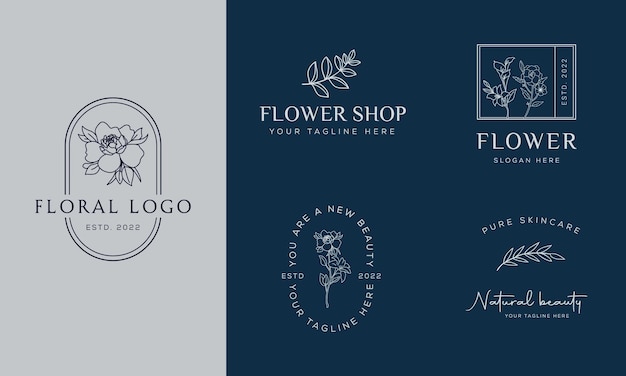 Botanisches blumenelement handgezeichnetes logo mit wild flower leaves logo für feminin und kosmetisch