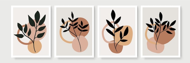 Botanisches wandkunstset. laublinienkunstzeichnung mit abstrakter form. minimale und natürliche wandkunst.