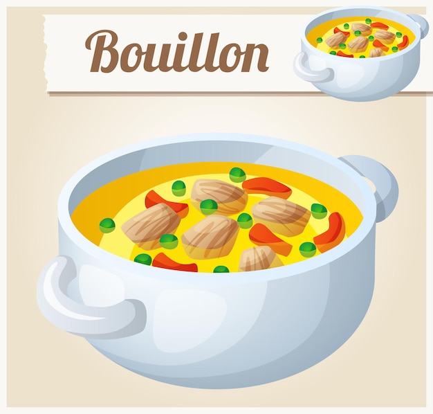 Bouillon mit Fleisch und Gemüse. Detailliertes Vektorsymbol